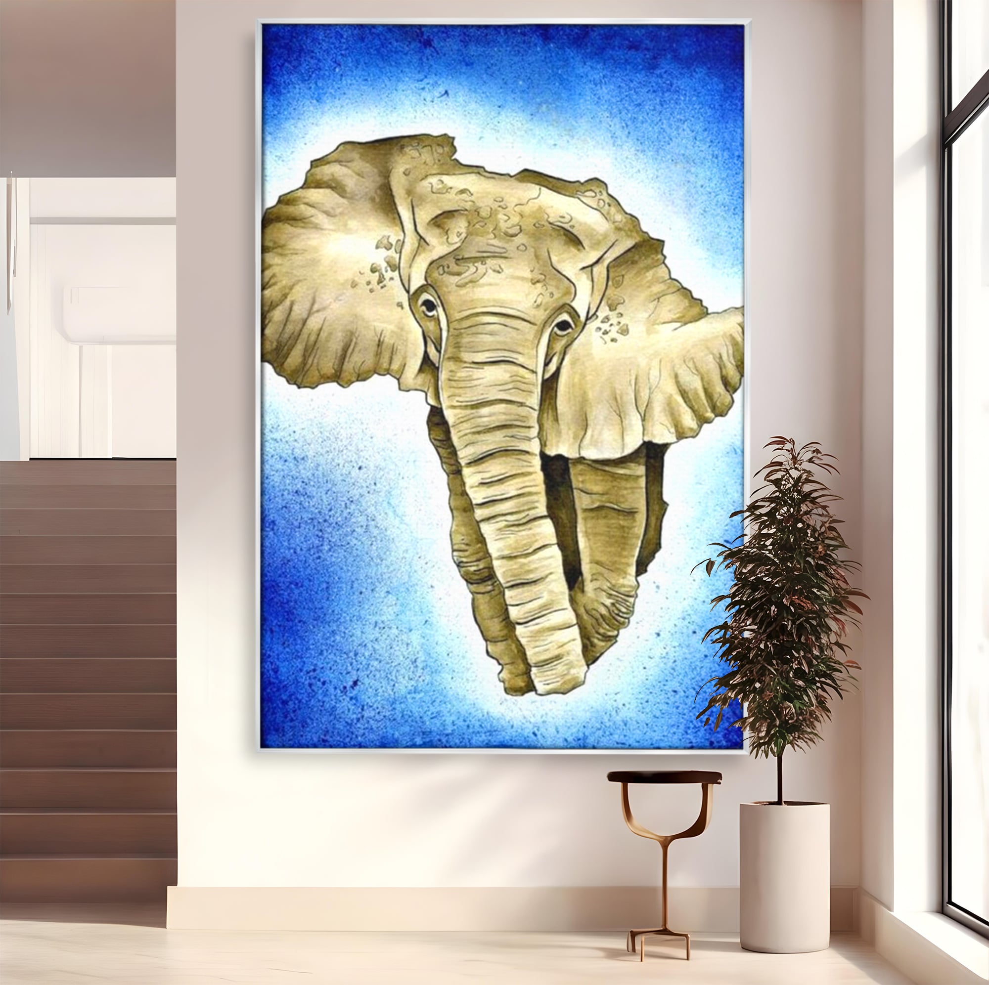 Tablou canvas cu tablou canvas cu cap de elefant, in rama de aluminiu argintiu